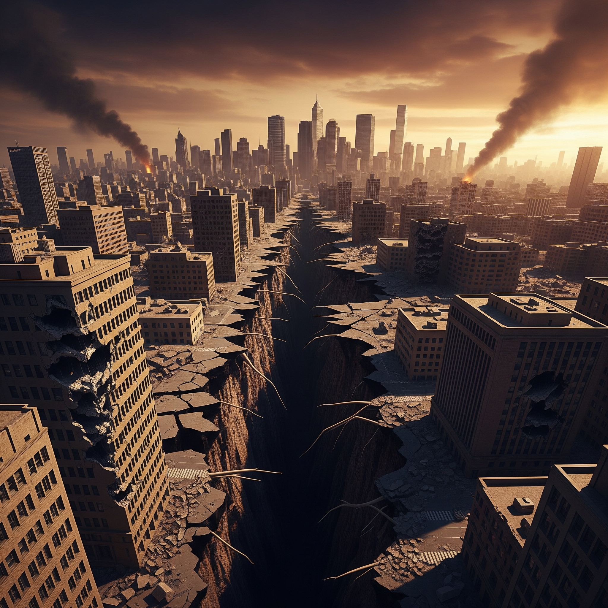 Una enorme grieta divide una ciudad por la mitad, con edificios destruidos y el horizonte de una metrópoli al fondo bajo un cielo apocalíptico.