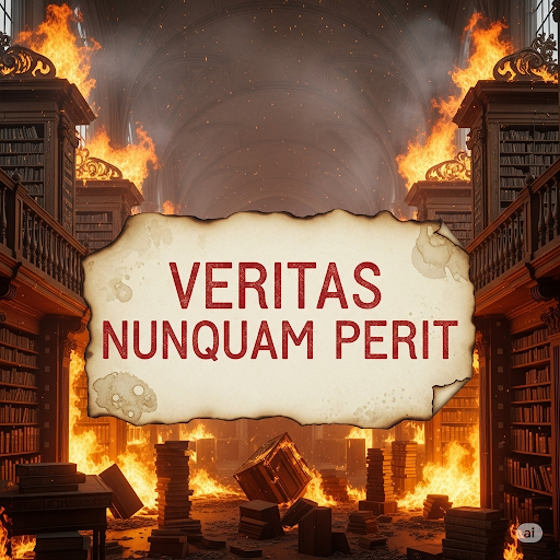 [Imagen de un archivo antiguo en llamas con el texto en latín 'VERITAS NUNQUAM PERIT' (La verdad nunca perece)]